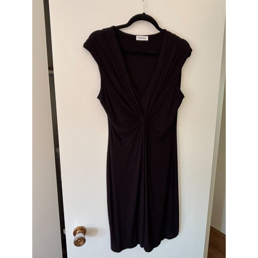 Calvin Klein Womens Little Black Dress Sz 6* Ruched Empire V Ponte Cap Sleeve